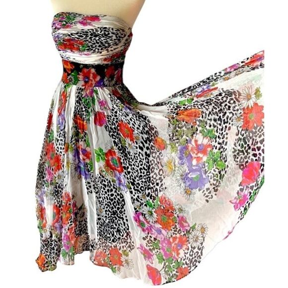 Vtg Ice 100% Silk Y2K Floral Animal Print Babydoll Strapless Dress Women Sz 10 - Picture 1 of 15